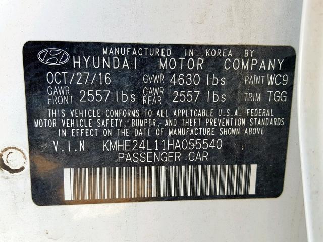 KMHE24L11HA055540 - 2017 HYUNDAI SONATA HYB WHITE photo 10