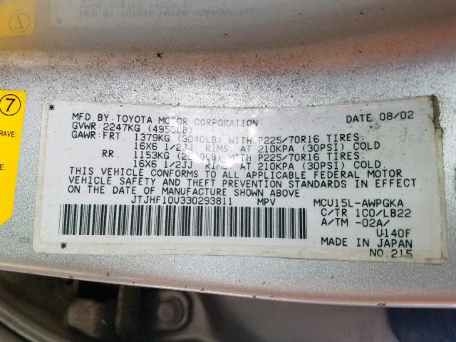 JTJHF10U330293811 - 2003 LEXUS RX 300 SILVER photo 10