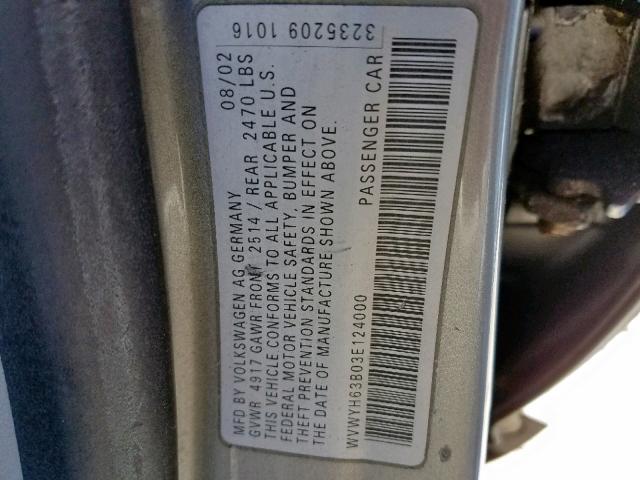 WVWYH63B03E124000 - 2003 VOLKSWAGEN PASSAT GLX 灰色 照片 10