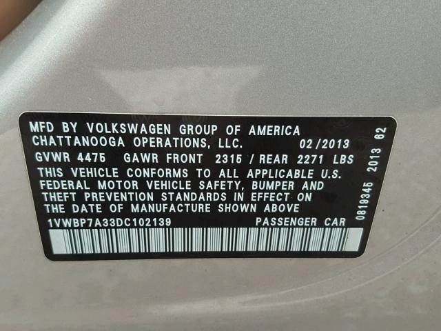 1VWBP7A33DC102139 - 2013 VOLKSWAGEN PASSAT SE GRAY photo 10