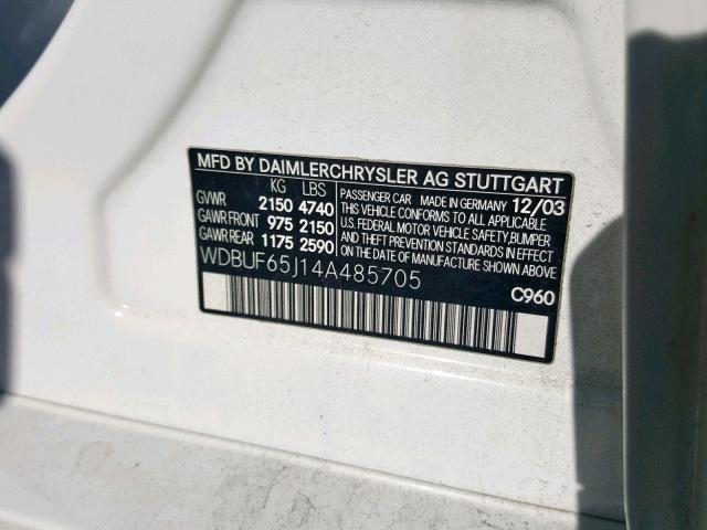 WDBUF65J14A485705 - 2004 MERCEDES-BENZ E 320 WHITE photo 10