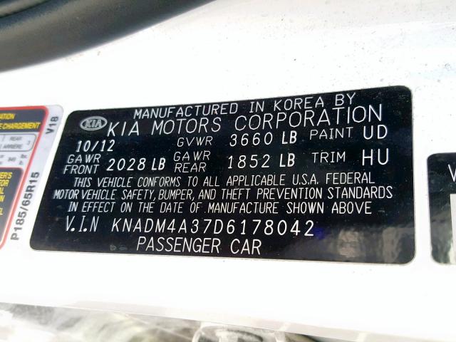 KNADM4A37D6178042 - 2013 KIA RIO LX WHITE photo 10