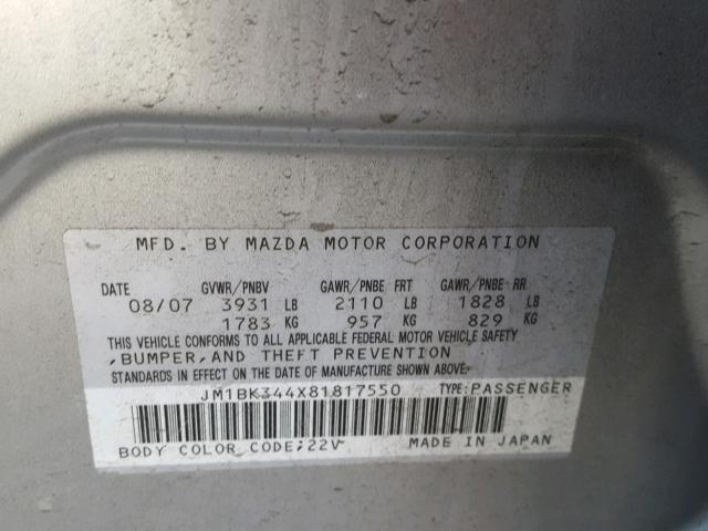 JM1BK344X81817550 - 2008 MAZDA 3 HATCHBAC SILVER photo 10