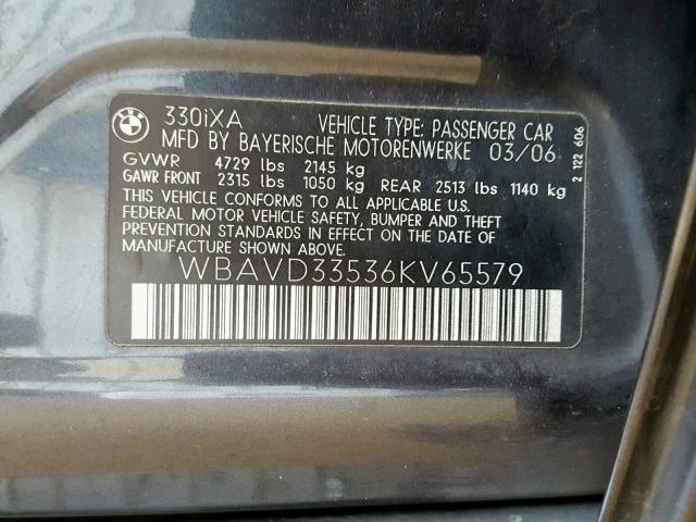 WBAVD33536KV65579 - 2006 BMW 330 XI GRAY photo 10