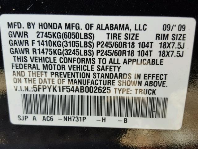 5FPYK1F54AB002625 - 2010 HONDA RIDGELINE BLACK photo 10