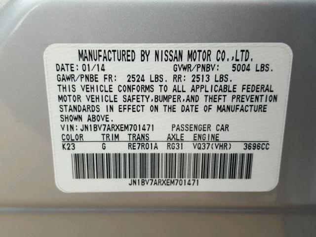 JN1BV7ARXEM701471 - 2014 INFINITI Q50 BASE SILVER photo 10