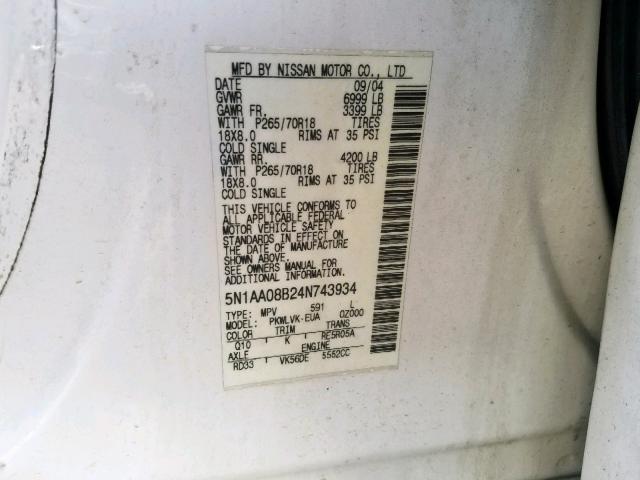 5N1AA08B24N743934 - 2004 NISSAN ARMADA SE WHITE photo 10