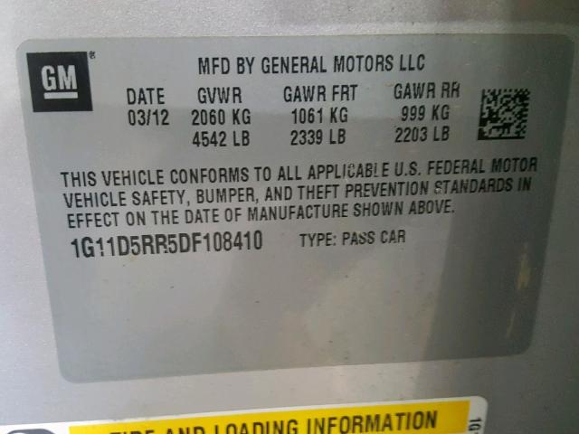 1G11D5RR5DF108410 - 2013 CHEVROLET MALIBU 1LT ვერცხლისფერი ფოტო 10