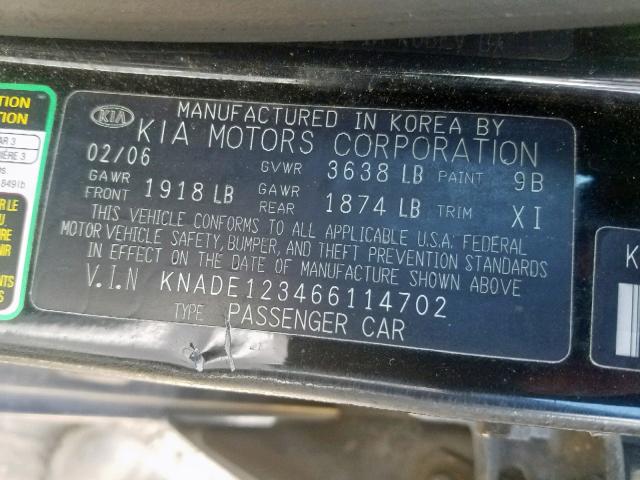 KNADE123466114702 - 2006 KIA RIO BLACK photo 10