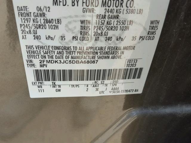 2FMDK3JC5DBA68087 - 2013 FORD EDGE SEL GRAY photo 10