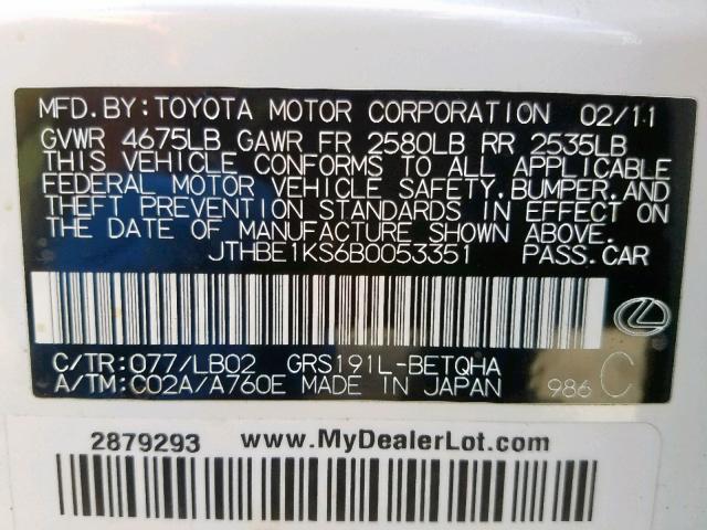 JTHBE1KS6B0053351 - 2011 LEXUS GS 350 WHITE photo 10