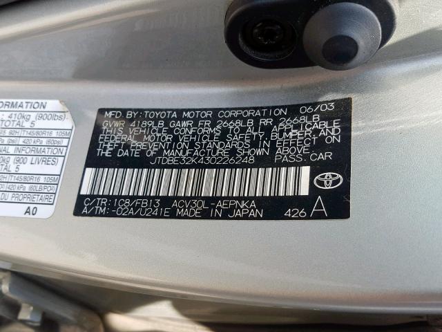 JTDBE32K430226248 - 2003 TOYOTA CAMRY LE SILVER photo 10