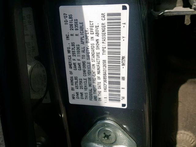 1HGCP36858A012658 - 2008 HONDA ACCORD EXL GRAY photo 10