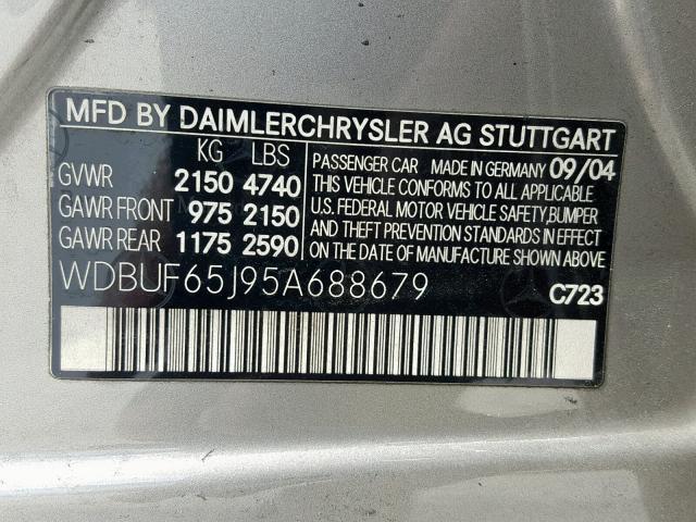 WDBUF65J95A688679 - 2005 MERCEDES-BENZ E 320 TAN photo 10