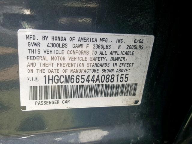 1HGCM66544A088155 - 2004 HONDA ACCORD EX GRAY photo 10