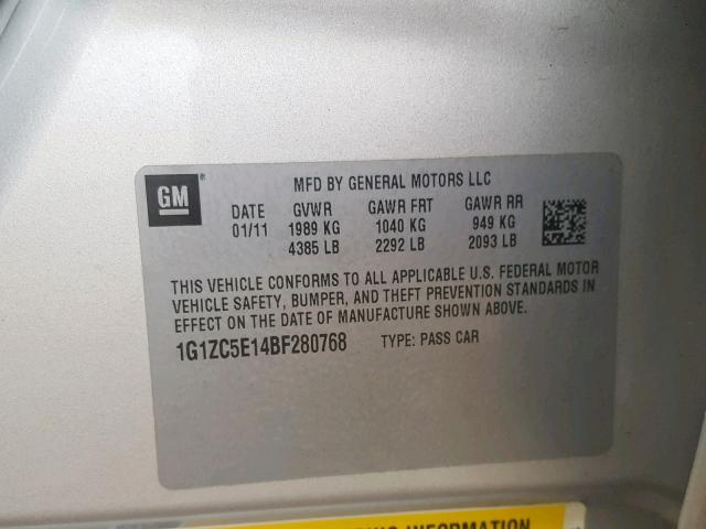 1G1ZC5E14BF280768 - 2011 CHEVROLET MALIBU 1LT SILVER photo 10