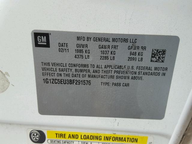 1G1ZC5EU3BF291576 - 2011 CHEVROLET MALIBU 1LT WHITE photo 10