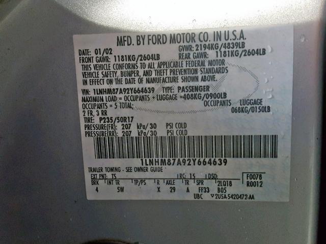 1LNHM87A92Y664639 - 2002 LINCOLN LS 银色 照片 10