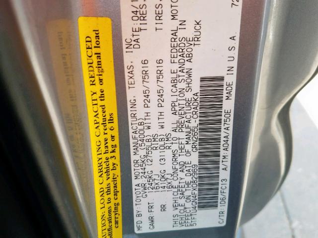 5TFTU4GN4FX082969 - 2015 TOYOTA TACOMA PRE SILVER photo 10