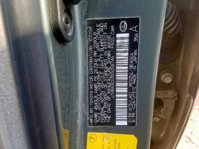 JTHBA30G355058746 - 2005 LEXUS ES 330 GREEN photo 10