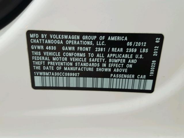 1VWBM7A30CC089907 - 2012 VOLKSWAGEN PASSAT SE WHITE photo 10