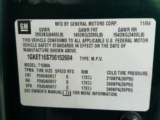 1GKET16S756152684 - 2005 GMC ENVOY XL GREEN photo 10