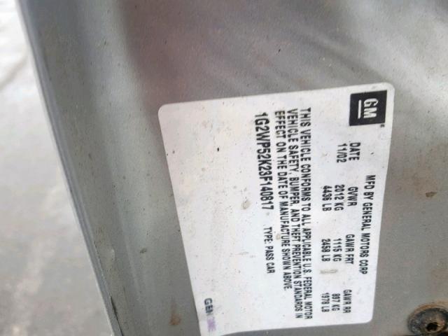 1G2WP52K23F140817 - 2003 PONTIAC GRAND PRIX GRAY photo 10