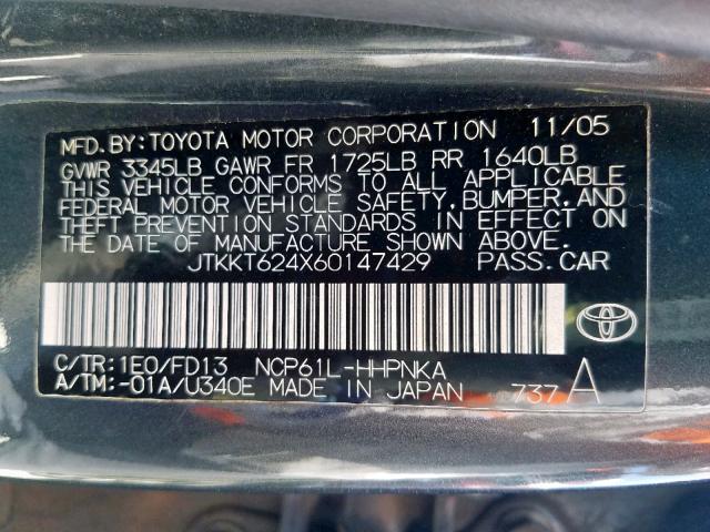 JTKKT624X60147429 - 2006 TOYOTA SCION XA GRAY photo 10