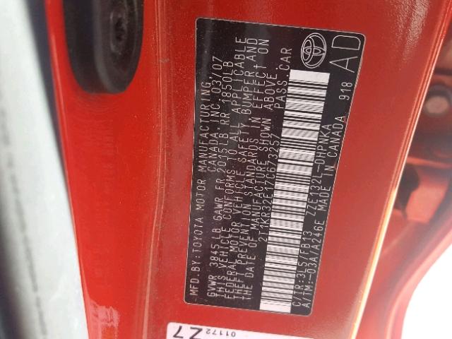 2T1KR32E17C673257 - 2007 TOYOTA COROLLA MA RED photo 10