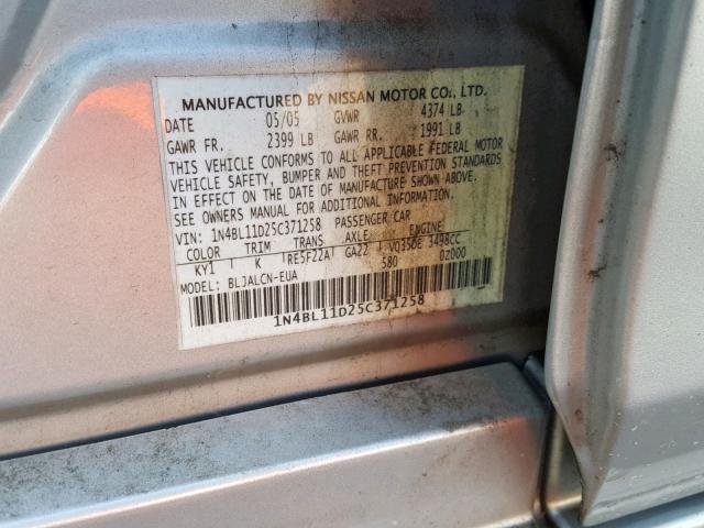 1N4BL11D25C371258 - 2005 NISSAN ALTIMA SE SILVER photo 10