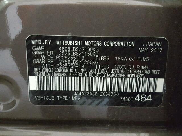 JA4AZ3A36HZ054750 - 2017 MITSUBISHI OUTLANDER GRAY photo 10