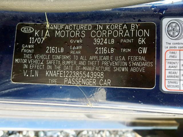 KNAFE122385543998 - 2008 KIA SPECTRA EX BLUE photo 10