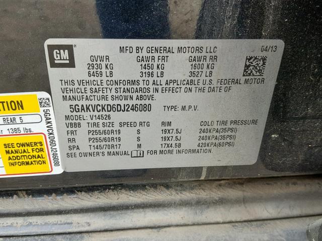 5GAKVCKD6DJ246080 - 2013 BUICK ENCLAVE BLACK photo 10