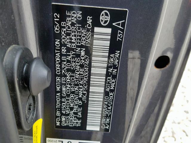 JTKJF5C79D3047467 - 2013 TOYOTA SCION TC 灰色 照片 10