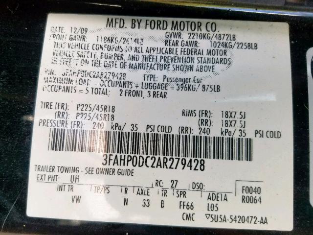 3FAHP0DC2AR279428 - 2010 FORD FUSION SPO BLACK photo 10