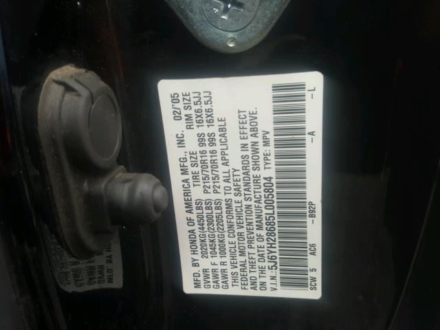 5J6YH28685L005804 - 2005 HONDA ELEMENT EX BLACK photo 10