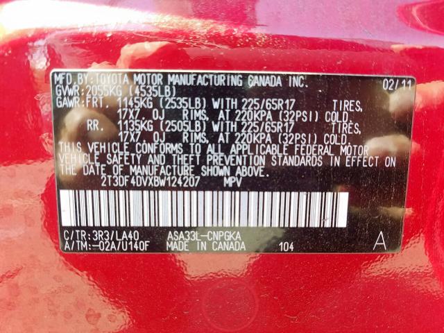 2T3DF4DVXBW124207 - 2011 TOYOTA RAV4 LIMIT RED photo 10