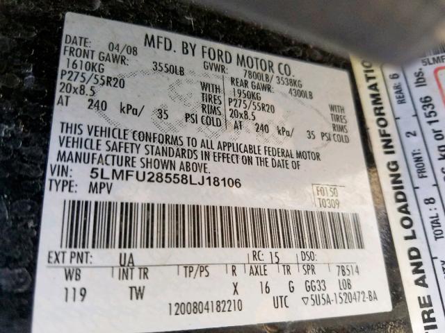 5LMFU28558LJ18106 - 2008 LINCOLN NAVIGATOR BLACK photo 10