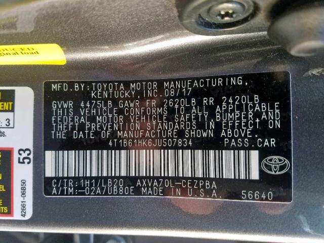 4T1B61HK6JU507834 - 2018 TOYOTA CAMRY XSE GRAY photo 10