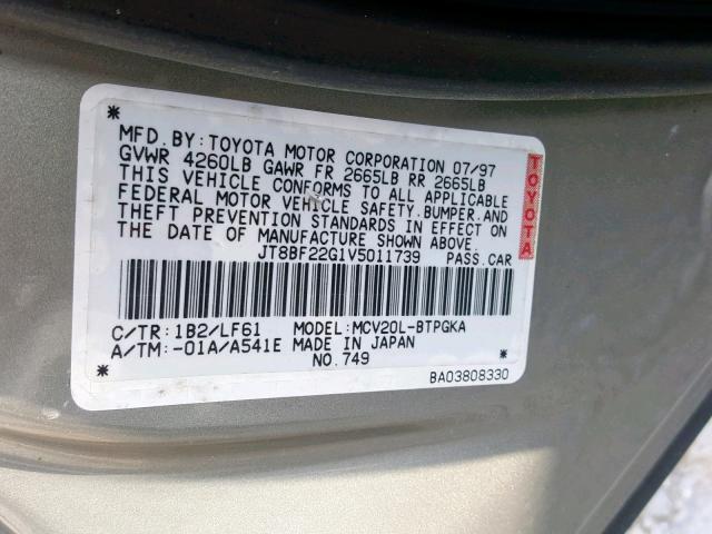 JT8BF22G1V5011739 - 1997 LEXUS ES 300 GRAY photo 10