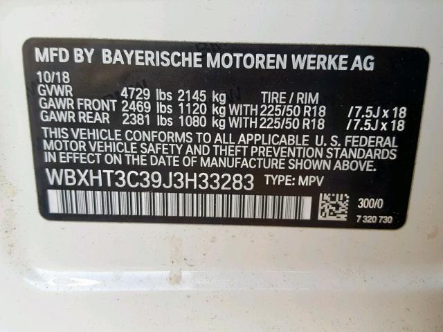 WBXHT3C39J3H33283 - 2018 BMW X1 XDRIVE2 WHITE photo 10