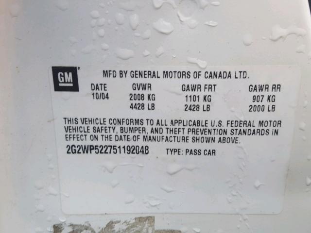 2G2WP522751192048 - 2005 PONTIAC GRAND PRIX WHITE photo 10