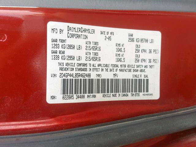 2D4GP44L85R462408 - 2005 DODGE GRAND CARA RED photo 10