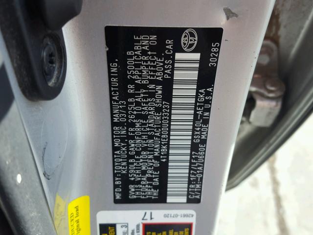 4T1BK1EB0DU033237 - 2013 TOYOTA AVALON BAS 银色 照片 10