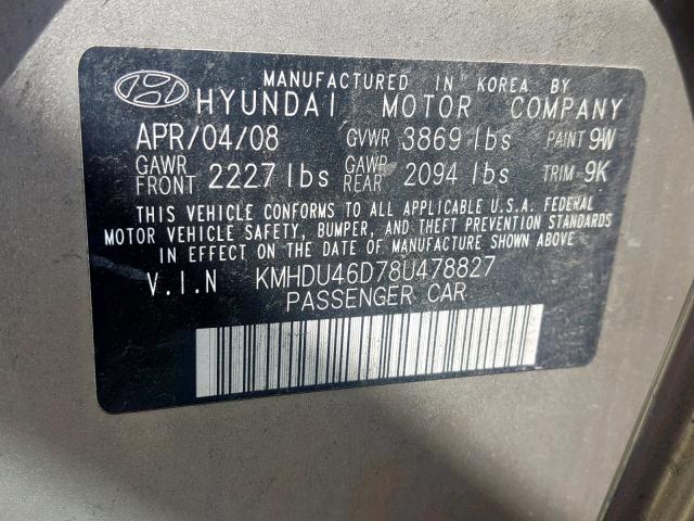 KMHDU46D78U478827 - 2008 HYUNDAI ELANTRA GL GOLD photo 10