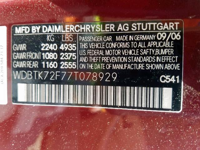 WDBTK72F77T078929 - 2007 MERCEDES-BENZ CLK 550 RED photo 10