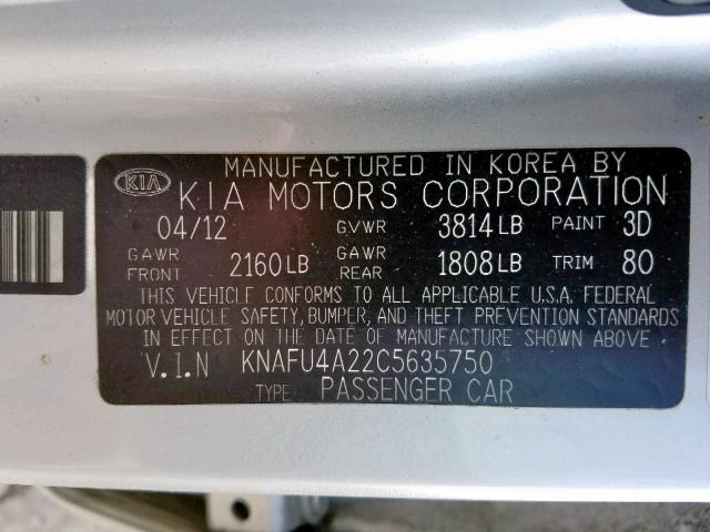 KNAFU4A22C5635750 - 2012 KIA FORTE EX SILVER photo 10