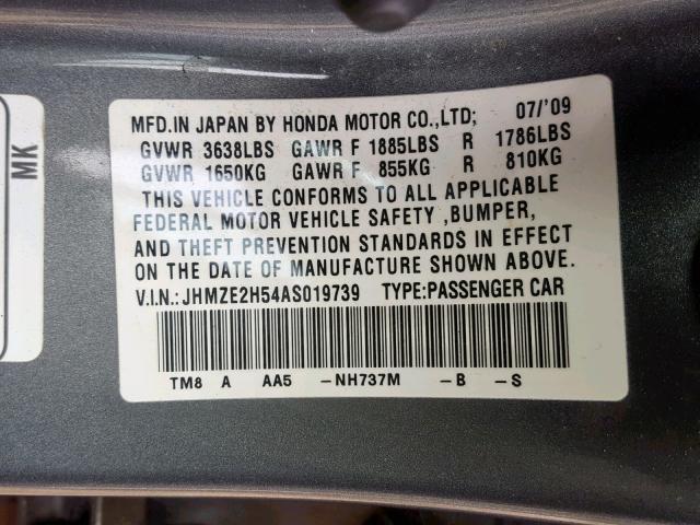 JHMZE2H54AS019739 - 2010 HONDA INSIGHT LX GRAY photo 10