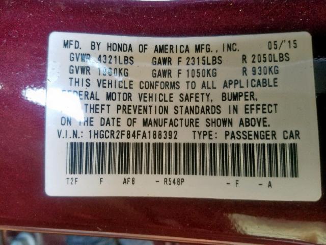 1HGCR2F84FA188392 - 2015 HONDA ACCORD EXL MAROON photo 10