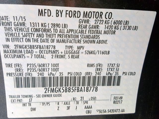 2FMGK5B85FBA18778 - 2015 FORD FLEX SE GRAY photo 10